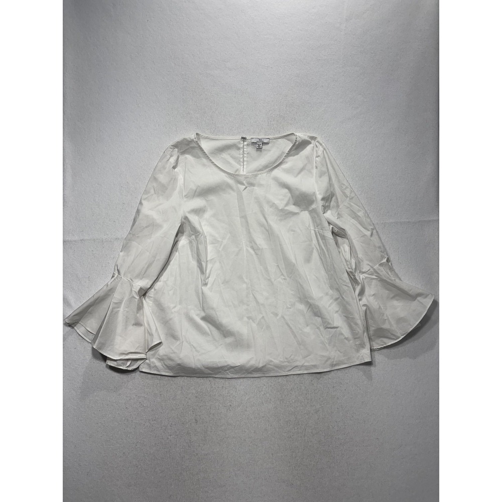 Halston Blouse Womens XL White Scoop Neck 3/4 Ruffle Bell Sleeve Zip Back Top